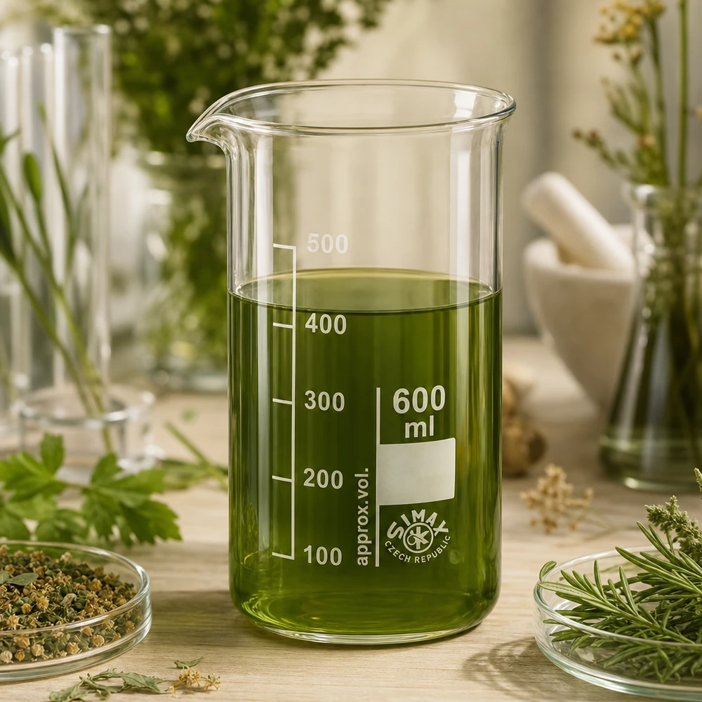 Szklanka o pojemności 600 ml, wysoka, z zielonym ekstraktem ziołowym, otoczona świeżymi ziołami leczniczymi i gałązkami rozmarynu