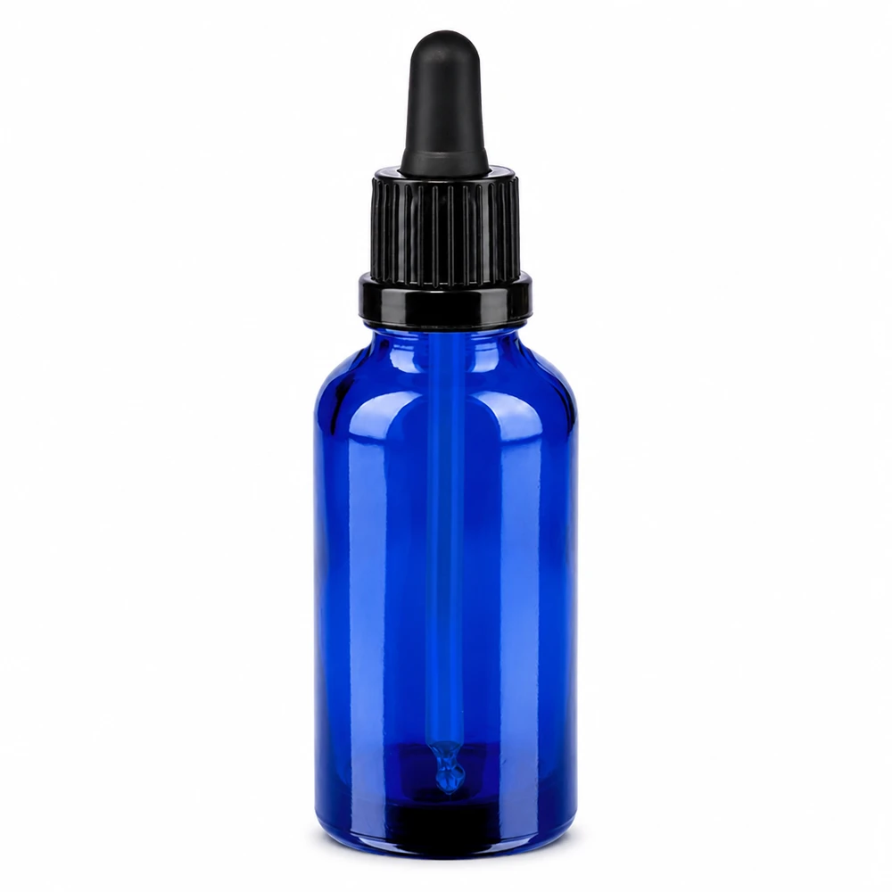 Butelka z pipetą o pojemności 30 ml wykonana z niebieskiego szkła z czarną zakrętką OV BlueLine UT18/30