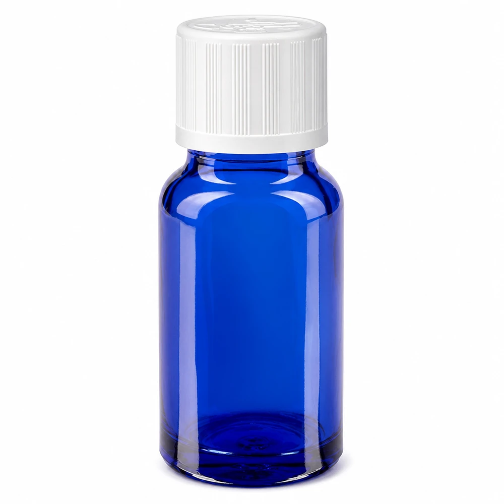 10 ml niebieska szklana buteleczka apteczna z białym zamknięciem zabezpieczającym przed dziećmi o średnicy 11 mm