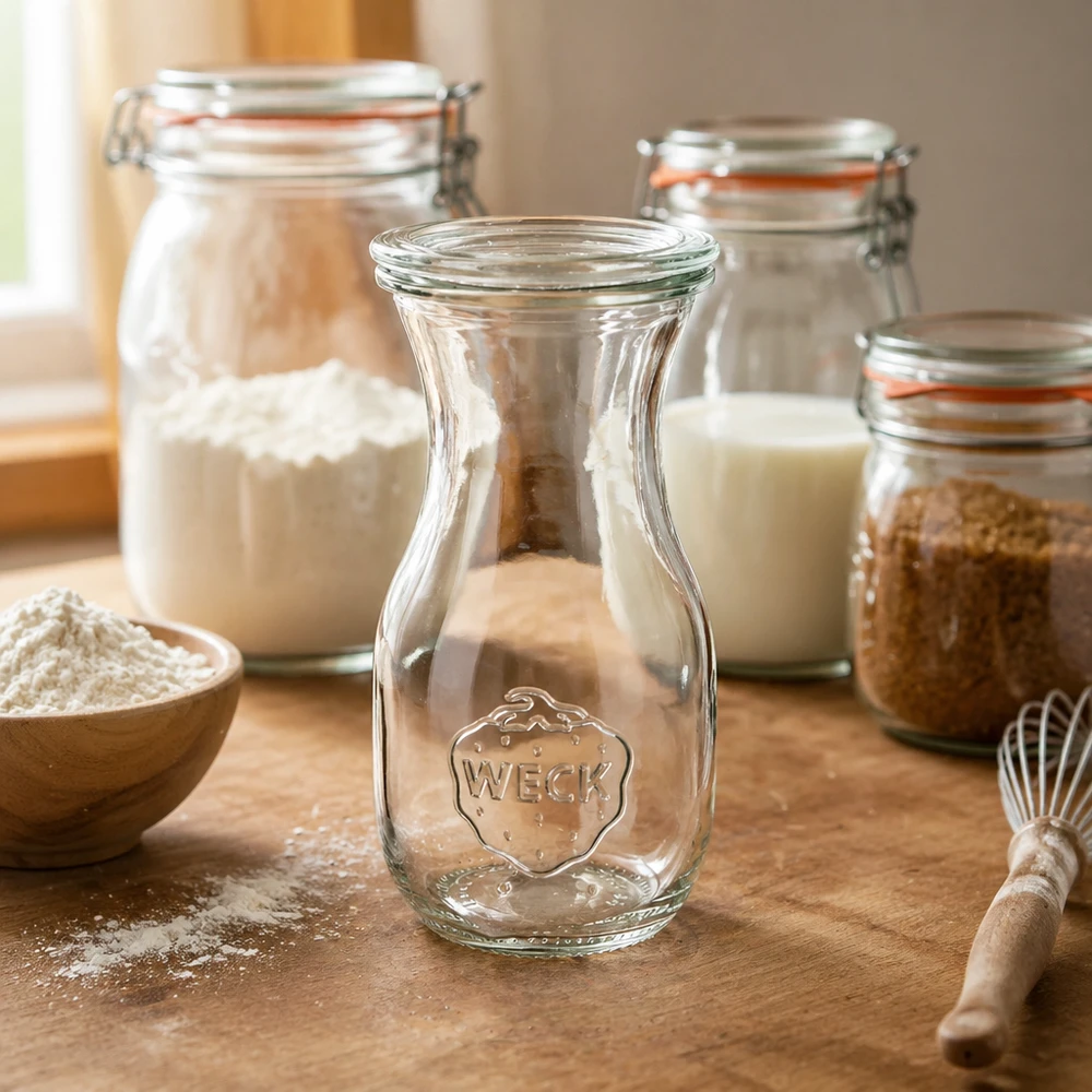 Butelka na sok o pojemności 290 ml z szklaną pokrywką WECK RR60 Butelka na sok WECK 290ml RR60 w kuchennej atmosferze ze słoikami z mąką i przyborami do pieczenia na drewnianym blacie.