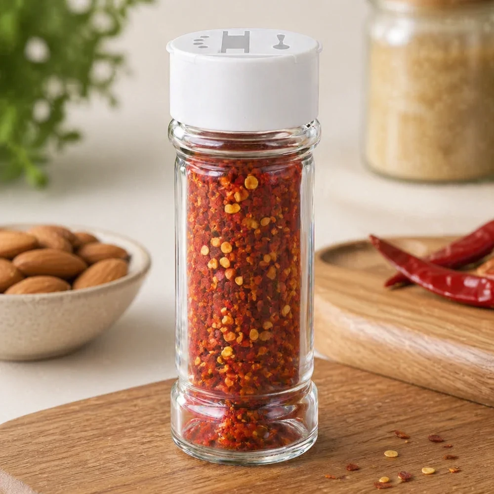 Słoik na sól/przyprawy 100 ml z podwójną dozownicą, biały Solniczka o pojemności 100 ml z przezroczystego szkła, wypełniona płatkami chili, na drewnianej deseczce z suszonymi papryczkami chili