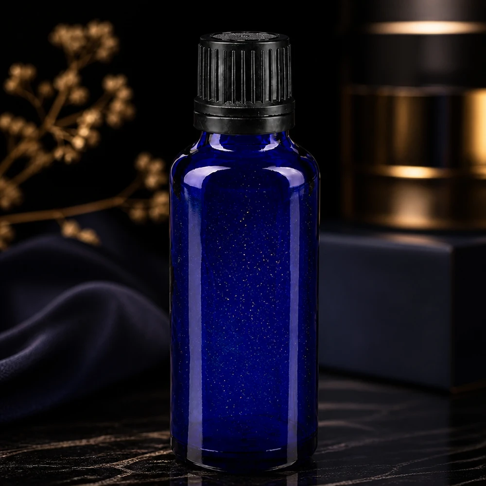 Butelka apteczna niebieska 30ml drip v. Pr. 1mm czarny OV Fioletowa buteleczka z zakraplaczem o pojemności 30 ml z czarną zakrętką, przeznaczona do olejków eterycznych