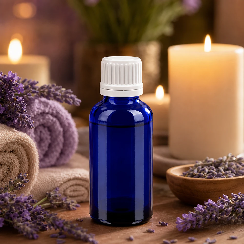 30 ml butelka z zakraplaczem wykonana z niebieskiego szkła z białą nakrętką do aromaterapii i odnowy biologicznej