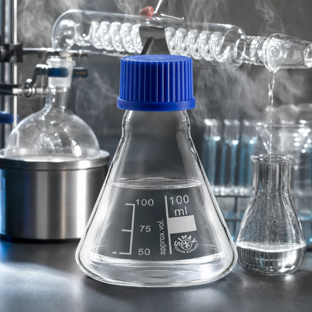 Kolba Erlenmeyera 100 ml z żaroodpornego szkła borokrzemowego i niebieską zakrętką