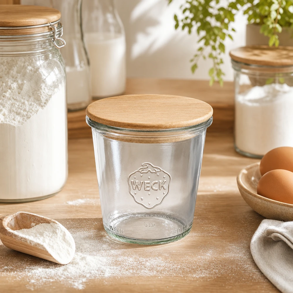 Wysokie kubki WECK RR80 o pojemności 290 ml z drewnianą pokrywką WECK Sturzglas 290ml RR80 mit Holzdeckel in natürlicher Küchenszene mit Mehl Eiern und Backzutaten auf Holzbrett