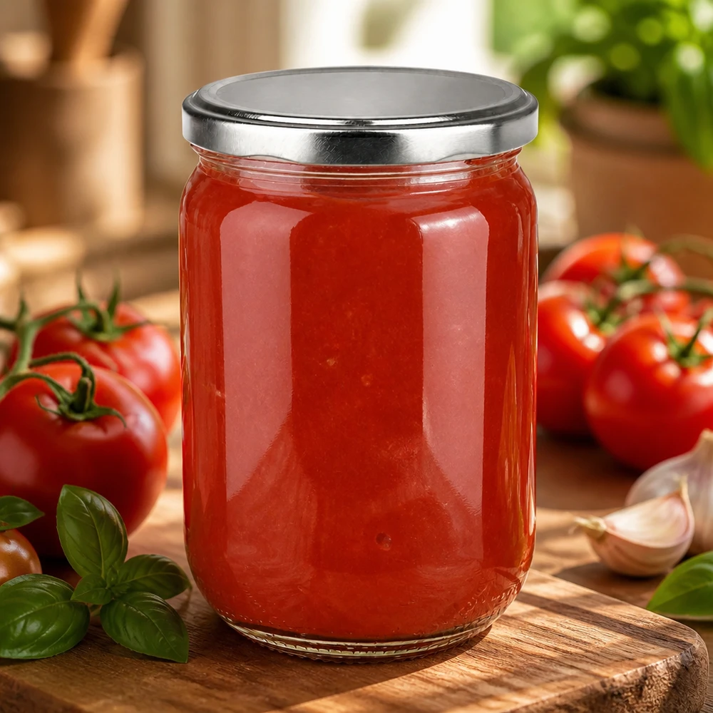 Okrągła szklanka 555 ml + pokrywka BasicSeal w kolorze srebrnym UNiTWIST Okrągła szklana butelka UNiTWIST o pojemności 555 ml z srebrną pokrywką BasicSeal, wypełniona czerwonym sosem pomidorowym, na drewnianej desce