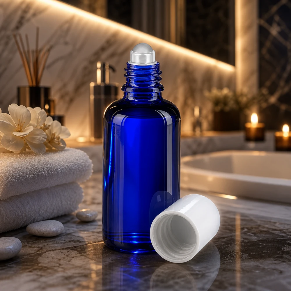 Butelka apteczna niebieska 50ml nakrętka roll-on biała Buteleczka z kulką o pojemności 50 ml w kolorze kobaltowym z białą plastikową nakrętką i szklaną kulką, w stylu spa