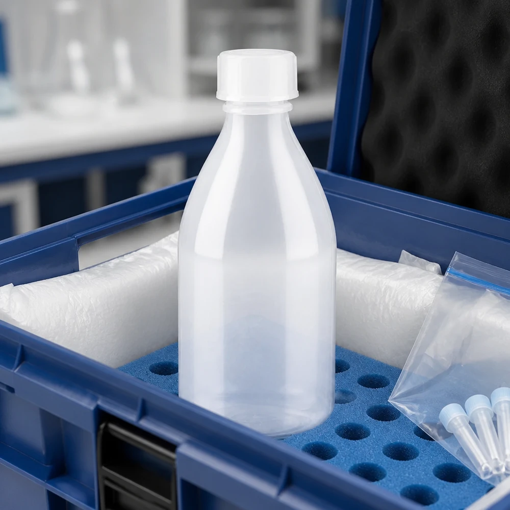 Butelka z wąską szyjką i zakrętką o pojemności 100 ml w niebieskim pudełku laboratoryjnym z wkładką z pianki i mikrorurkami
