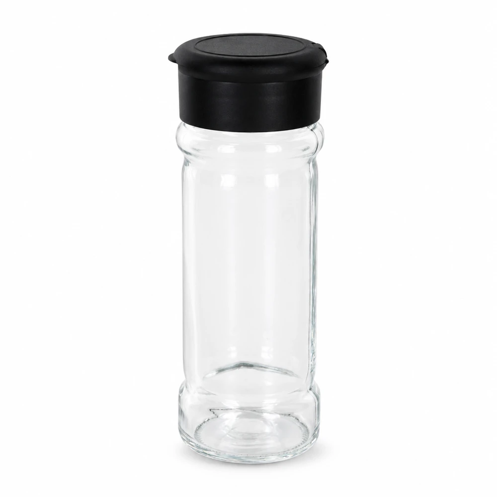 Słoik na sól/przyprawy 100 ml z dozownikiem, czarny Pusty słoik na przyprawy o pojemności 100 ml, wykonany z przezroczystego szkła, z czarnym plastikowym dozownikiem