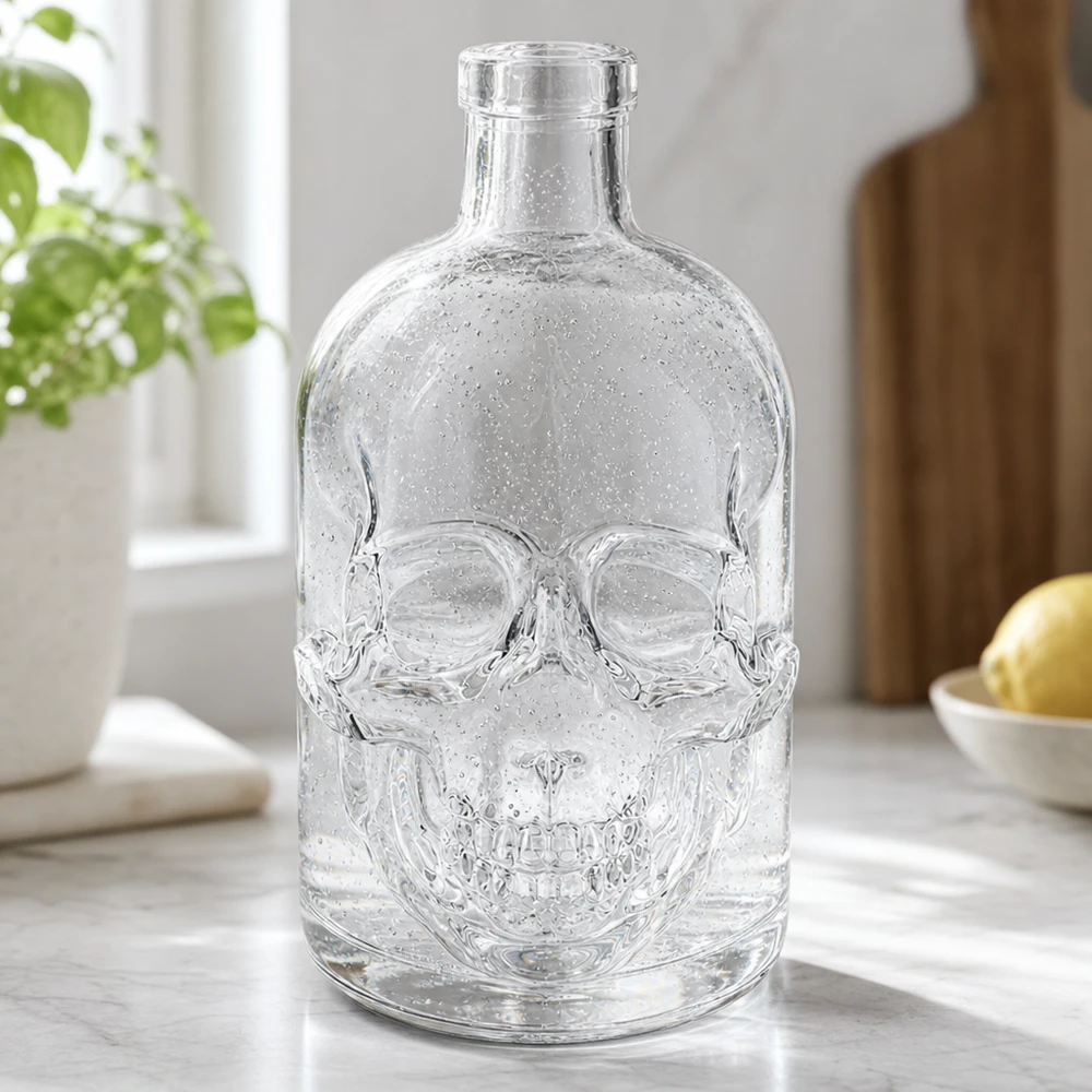 Szklana butelka 500 ml Jack bez zamknięcia UNiTWIST® 500ml szklana butelka Jack czaszka pusta na marmurowym blacie kuchennym bez nakrętki UNiTWIST transpare