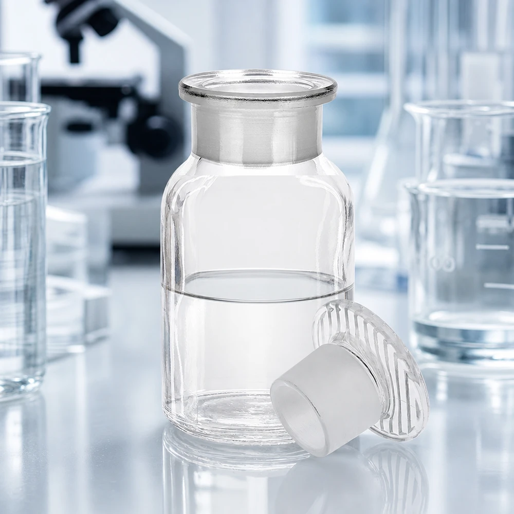 Okrągła butelka na ramię 100 ml, przezroczysta, szklana zatyczka z szeroką szyjką Butelka z zaokrąglonymi ramionami, pojemność 100 ml, z szeroką szyjką i szklanym korkiem, przeznaczona do bezpiecznego przechowywania próbek laboratoryjnych