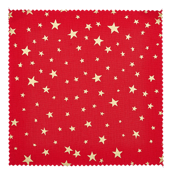 Tkanina serwetka gwiazdki czerwony kwadrat 120x120mm Czerwona serwetka materiałowa ze złotymi gwiazdkami zbliżenie 12 cm kwadratowa biżuteria detal serwetka