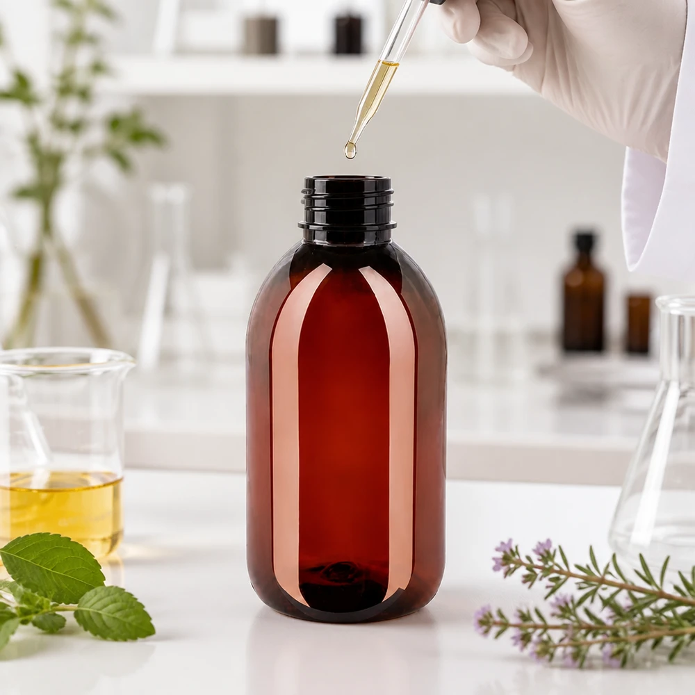 Brązowa butelka PET o pojemności 250 ml z zamknięciem zabezpieczającym, w laboratorium z pipetą i ziołami