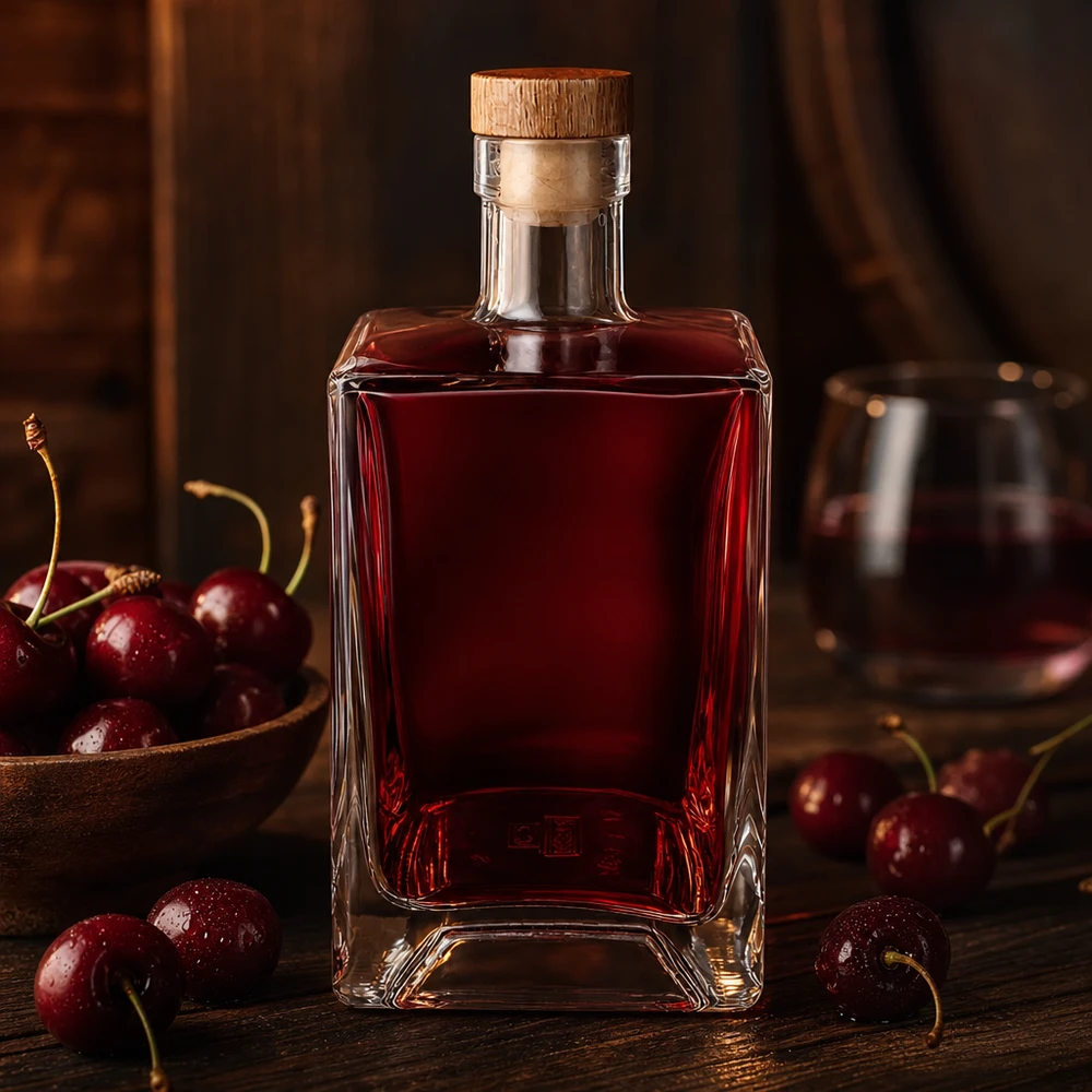 Butelka szklana 700 ml Ben z drewnianym korkiem UNiTWIST® 700ml szklana butelka Ben wypełniona czerwonym likierem wiśniowym pomiędzy świeżymi wiśniami rustykalna drewniana powierzchnia korek UNiTWIST