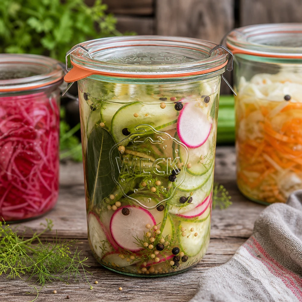 Kubki o pojemności 850 ml w komplecie WECK RR100 WECK RR100 Sturzglas 850ml mit eingelegtem Gurken-Radieschen-Salat zeigt perfekte Fermentation und Konservierung