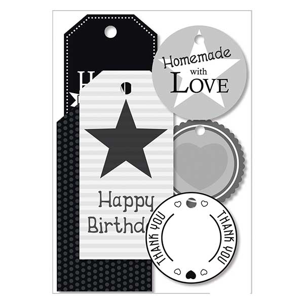 Zawieszka do prezentu &quot;Black &amp; White&quot; (6 sztuk) | Papierowa zawieszka z bia&#322;&#261; nitk&#261;.