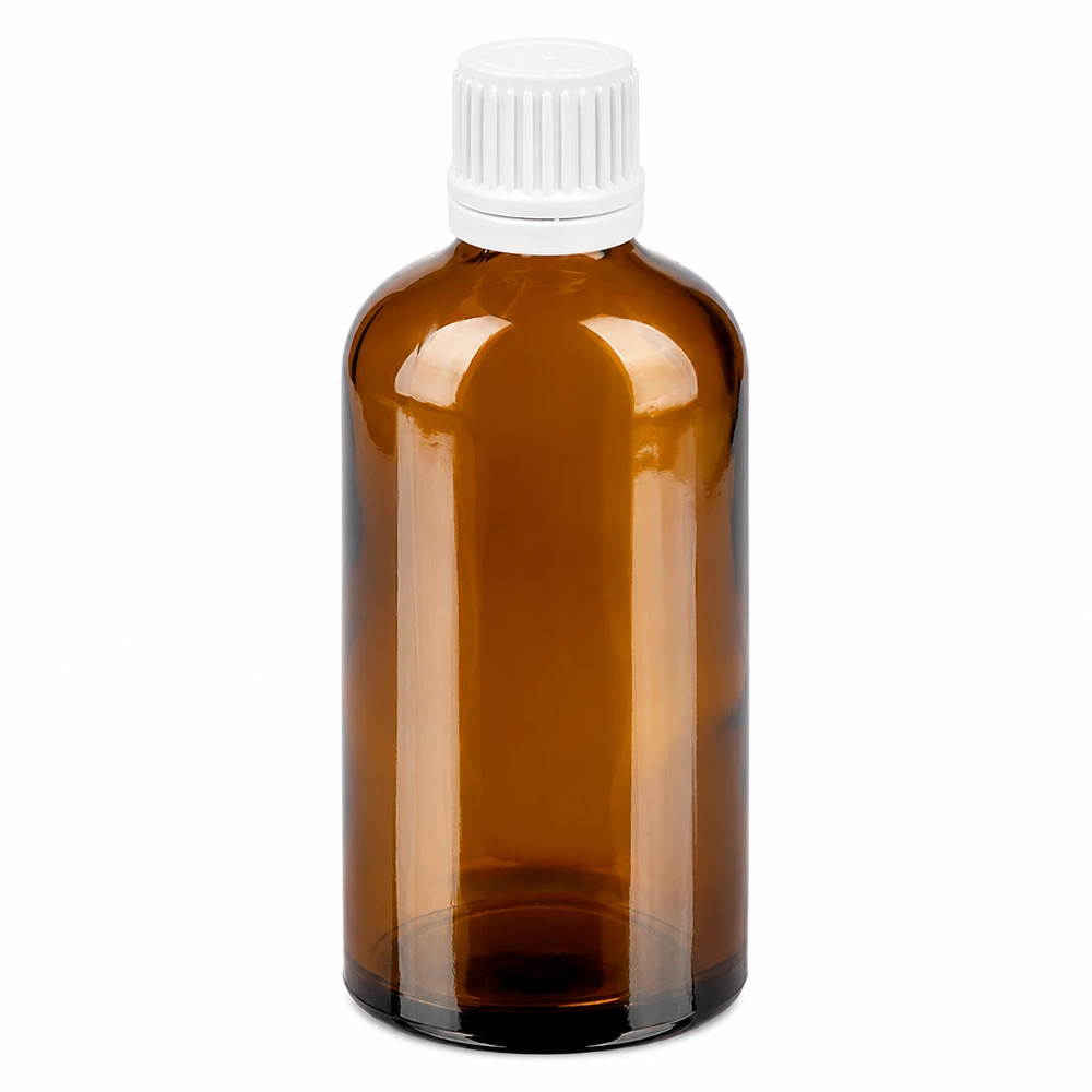 Butelka 100 ml 11 mm SV biała OV BrownLine UT18/100 Butelka z bursztynowego szkła o pojemności 100 ml z białą zakrętką na leki i kosmetyki