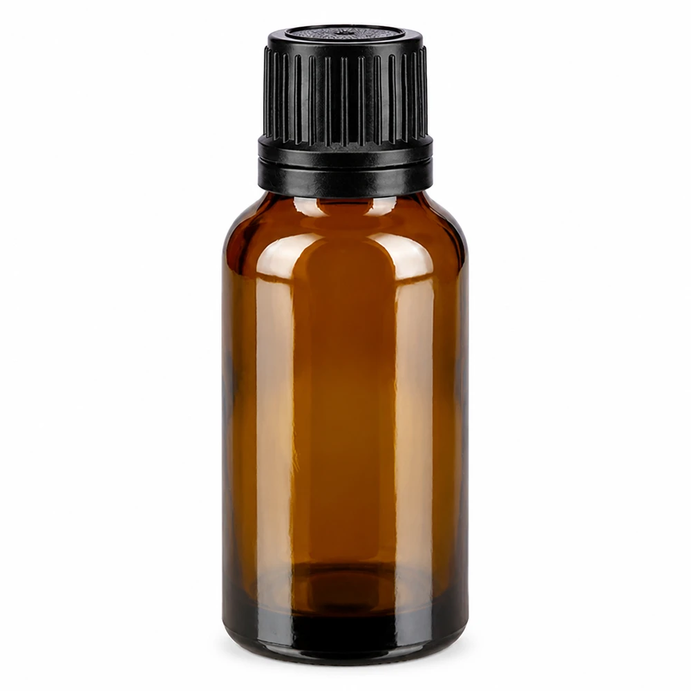 20 ml brązowa buteleczka z kroplomierzem, wykonana ze szkła aptecznego, z czarnym zamknięciem zabezpieczającym