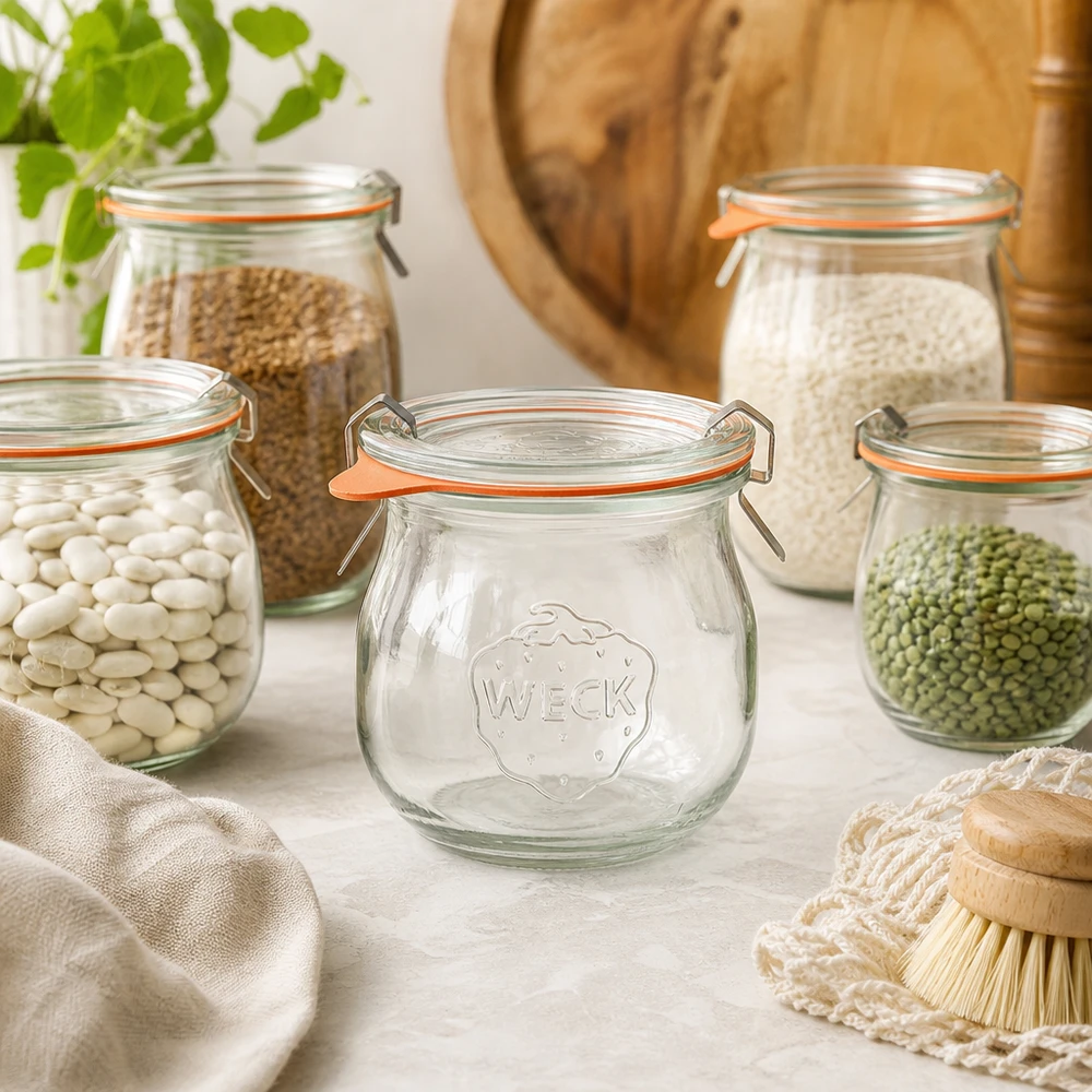 WECK słoik tulipan 75ml RR40 w naturalnej oprawie kuchennej pomiędzy słoikami do przechowywania roślin strączkowych i zbóż