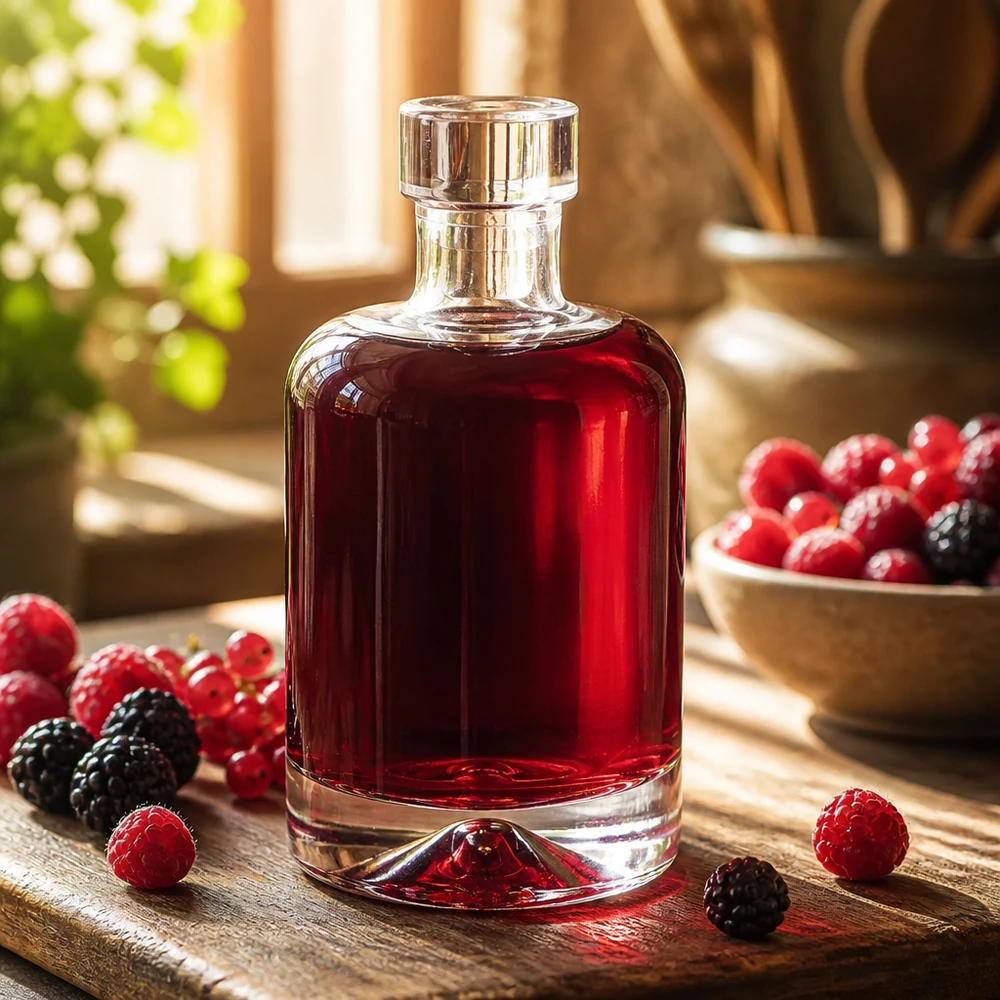 Szklana butelka Amelie o pojemności 50 ml wypełniona likierem z czerwonych jagód otoczonym świeżymi malinami i jeżynami prezentuje szlachetne alkohole.