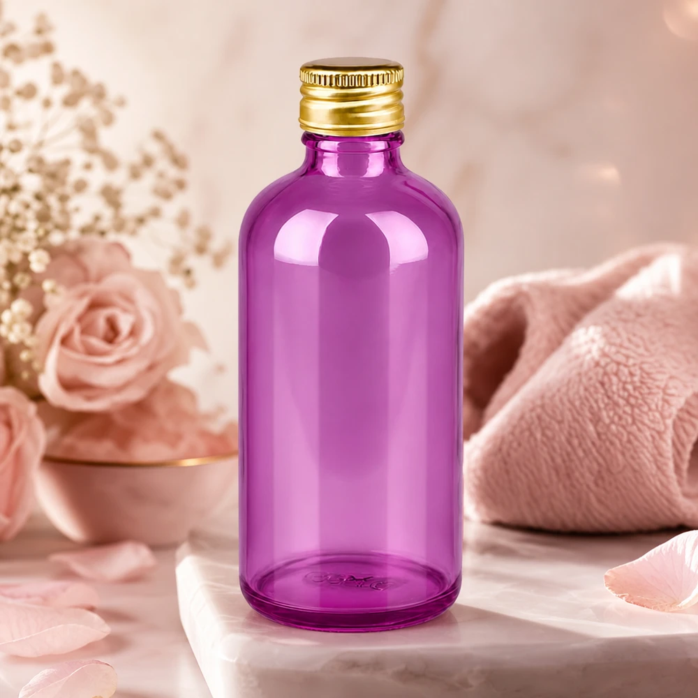 Butelka 100ml 11mm zakrętka aluminiowa standard złota PurpleLine. UT18/100 Kompaktowa butelka apteczna 100 ml wykonana z fioletowego szkła z praktycznym gwintem 18 mm