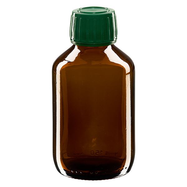 Butelka na lek 150 ml brązowa, zakrętka zielona z pierścieniem ApoGlas. Farmaceutyczna jakość produkcji UE. Gwint 28 mm (PP28). (syrop, butelka z lekkiego szkła) Butelka na lek 150 ml brązowa, zakrętka zielona z pierścieniem ApoGlas. Farmaceutyczna jakość produkcji UE. Gwint 28 mm (PP28). (syrop, butelka z lekkiego szkła)