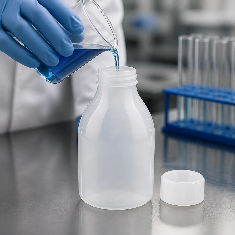 Niebieski płyn wlewa się do przezroczystej, plastikowej butelki laboratoryjnej o pojemności 30 ml i wąskiej szyjce