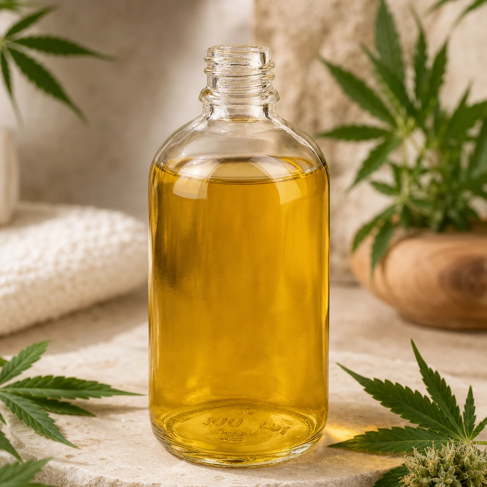 Butelka farmaceutyczna 100ml ClearLine DIN18 UNiTWIST Napełniona butelka apteczna ClearLine o pojemności 100 ml z olejem CBD, otoczona liśćmi konopi UNiTWIST DIN18