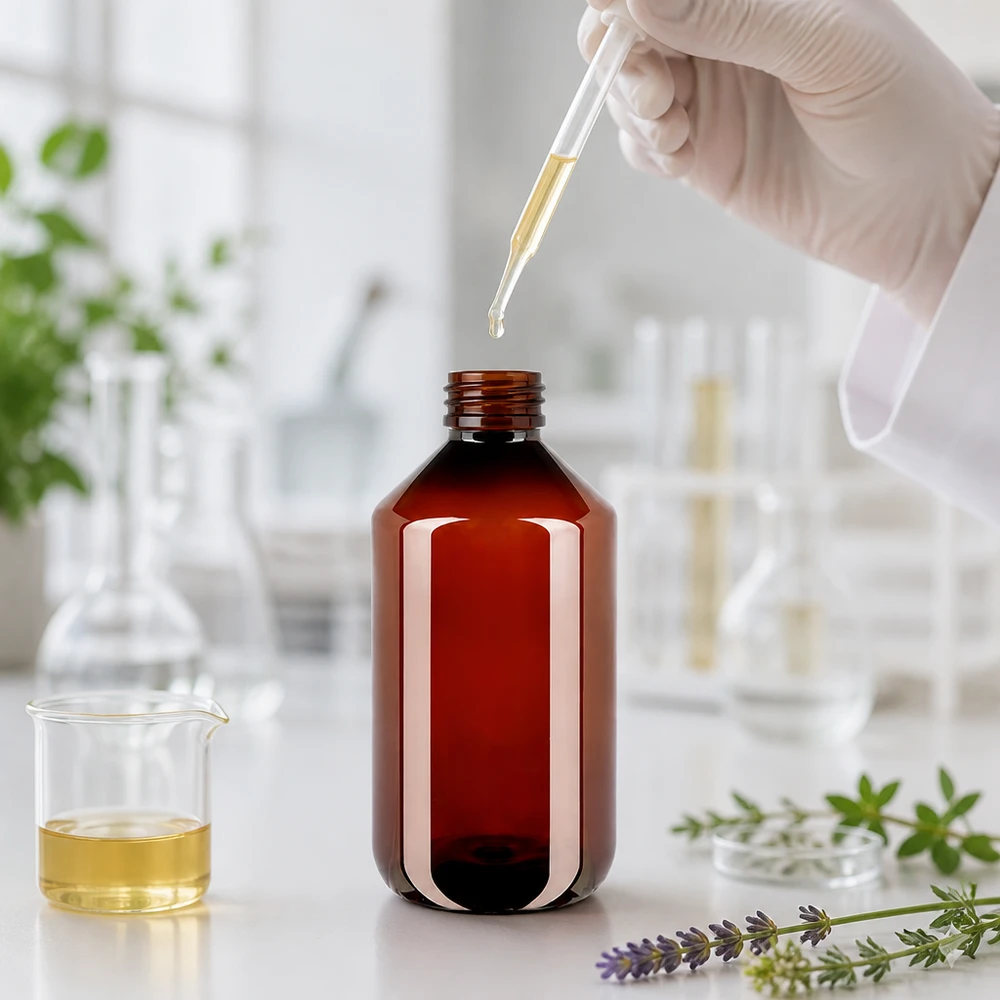 Laborant napełnia brązową butelkę PET o pojemności 500 ml za pomocą pipety w profesjonalnym środowisku laboratoryjnym