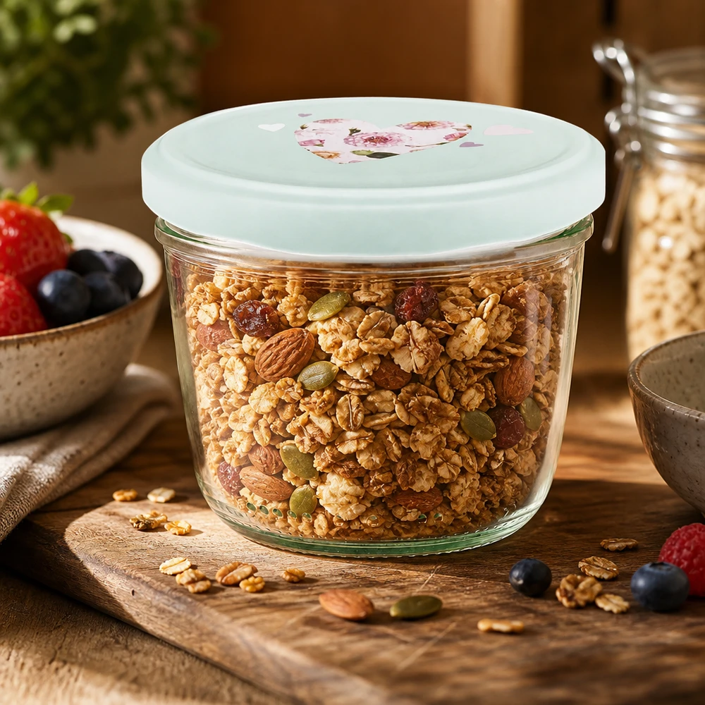Granola i musli w kubkach o pojemności 230 ml z pokrywką BasicSeal miętowe serce, hermetyczne przechowywanie płatków śniadaniowych