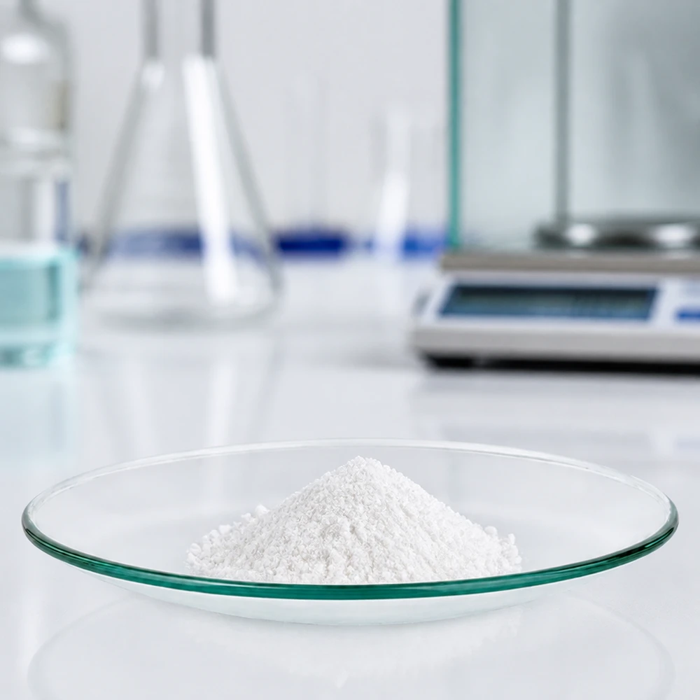 Szklana miska zegara Ø 120 mm Szklana szalka laboratoryjna 120 mm z drobnym białym proszkiem do ważenia pracy i substancji chemicznych