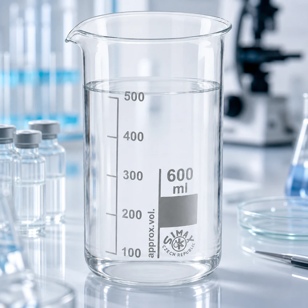 Pusta zlewka o pojemności 600 ml, wysoka, wykonana z przezroczystego szkła borokrzemowego, z podziałką, na stole laboratoryjnym