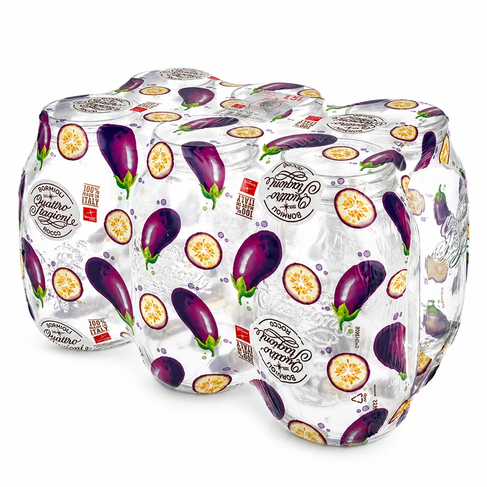 Szklanka do użytku domowego o pojemności 1500 ml "Quattro Stagioni" Quattro Stagioni Einmachgläser 1500ml mit Auberginen-Dekor, italienische Haushaltsgläser für Küche und Vorratshaltung