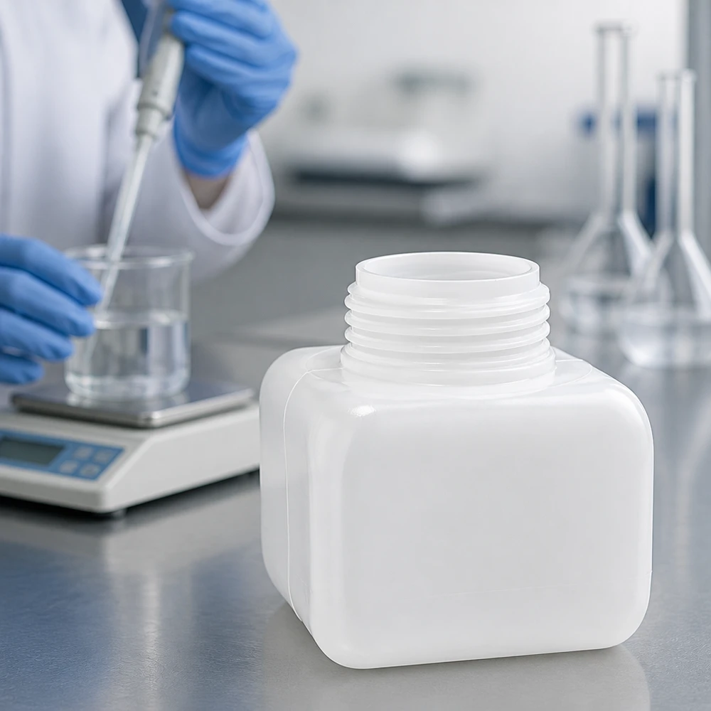 Butelka na chemikalia 250ml, szeroka szyjka wykonana z PE-HD, kolor naturalny, GL 50 Butelka na chemikalia 250 ml, PE-HD, z szeroką szyjką, w kolorze naturalnym, stalowy stół, otoczenie laboratoryjne, naukowcy w tle