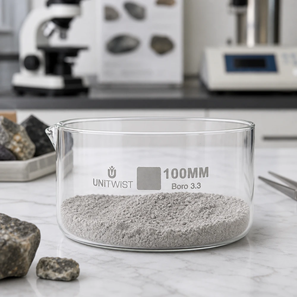 Naczynie krystalizacyjne ø100 mm ze szkła borokrzemowego UNiTWIST UNiTWIST Miska do krystalizacji 100 mm wypełniona szarym proszkiem mineralnym Szkło borokrzemowe Laboratorium