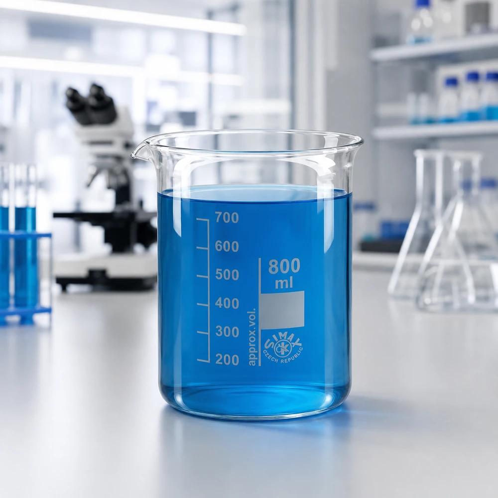 Zlewka 800 ml ze szkła borokrzemowego, niski kształt Zlewka o pojemności 800 ml wykonana ze szkła borokrzemowego do zastosowań laboratoryjnych i eksperymentów chemicznych