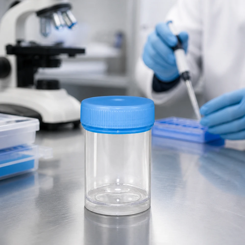 Uniwersalny plastikowy słoik (naczynie) 35 ml Puste plastikowe opakowanie o pojemności 35 ml z niebieską zakrętką na stalowym stole w laboratorium