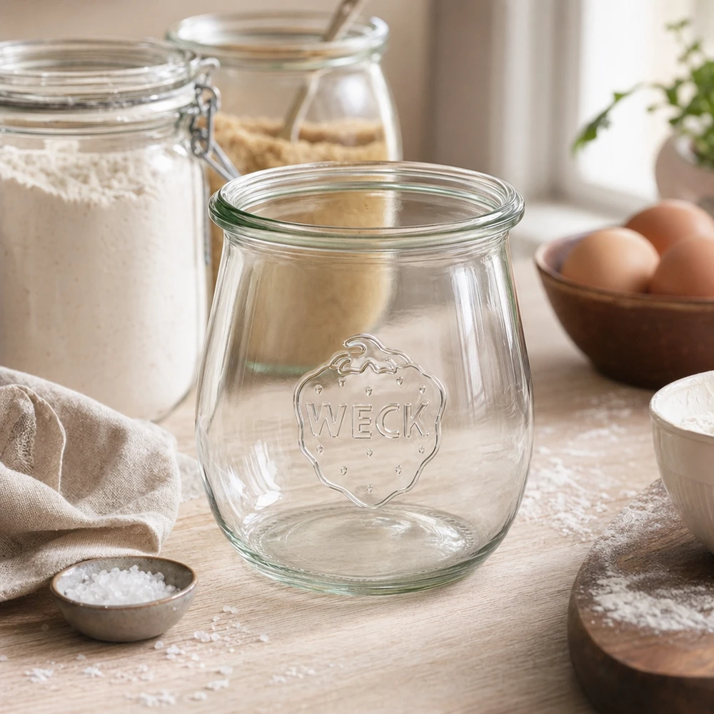 Słoik tulipanowy 220 ml WECK RR60 WECK słoik tulipan 220ml RR60 przezroczysty pusty w scenie kuchennej z mąką, jajkami i składnikami do pieczenia na drewnianym stole