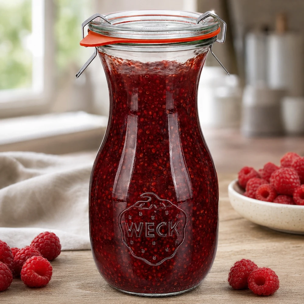 Butelka soku WECK 290ml RR60 wypełniona dżemem malinowym i huśtawką na drewnianym stole ze świeżymi malinami