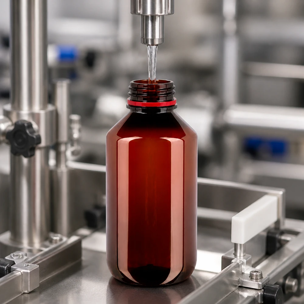 Butelka PET 200 ml z białą/czerwoną nakrętką OV Rozlewanie do brązowych butelek PET o pojemności 200 ml z czerwonymi nakrętkami OV na przemysłowej linii rozlewniczej