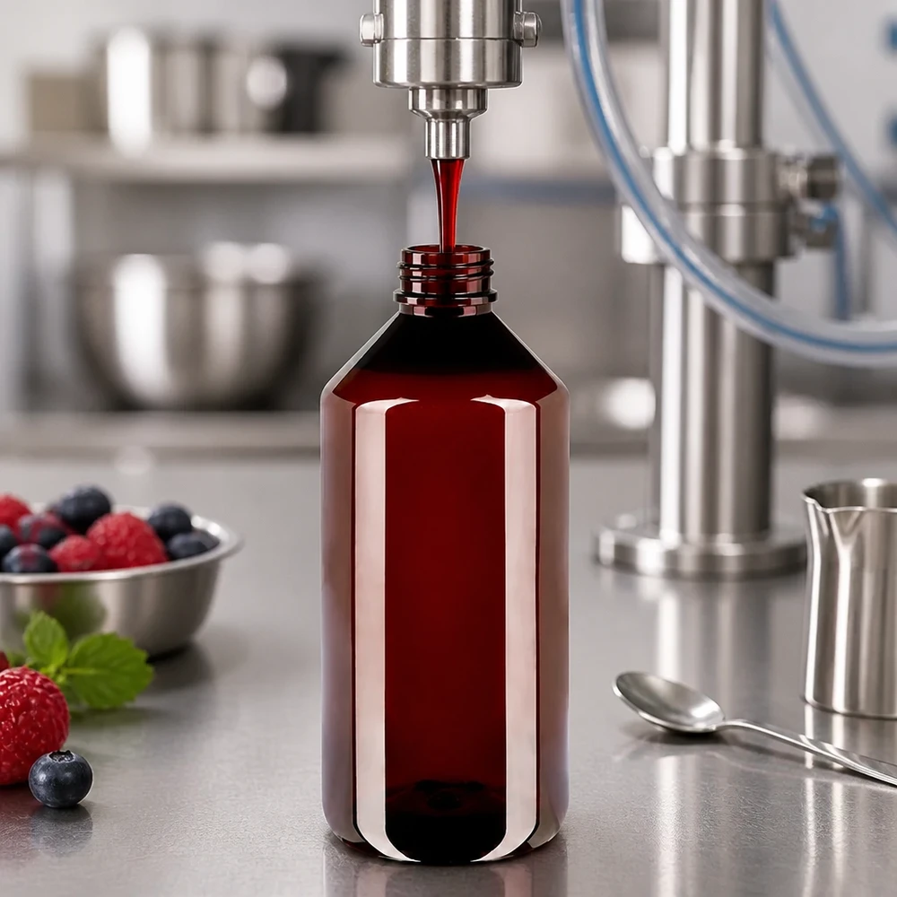 Linia rozlewnicza napełnia brązową butelkę PET o pojemności 1000 ml czerwonym sokiem jagodowym w środowisku produkcyjnym