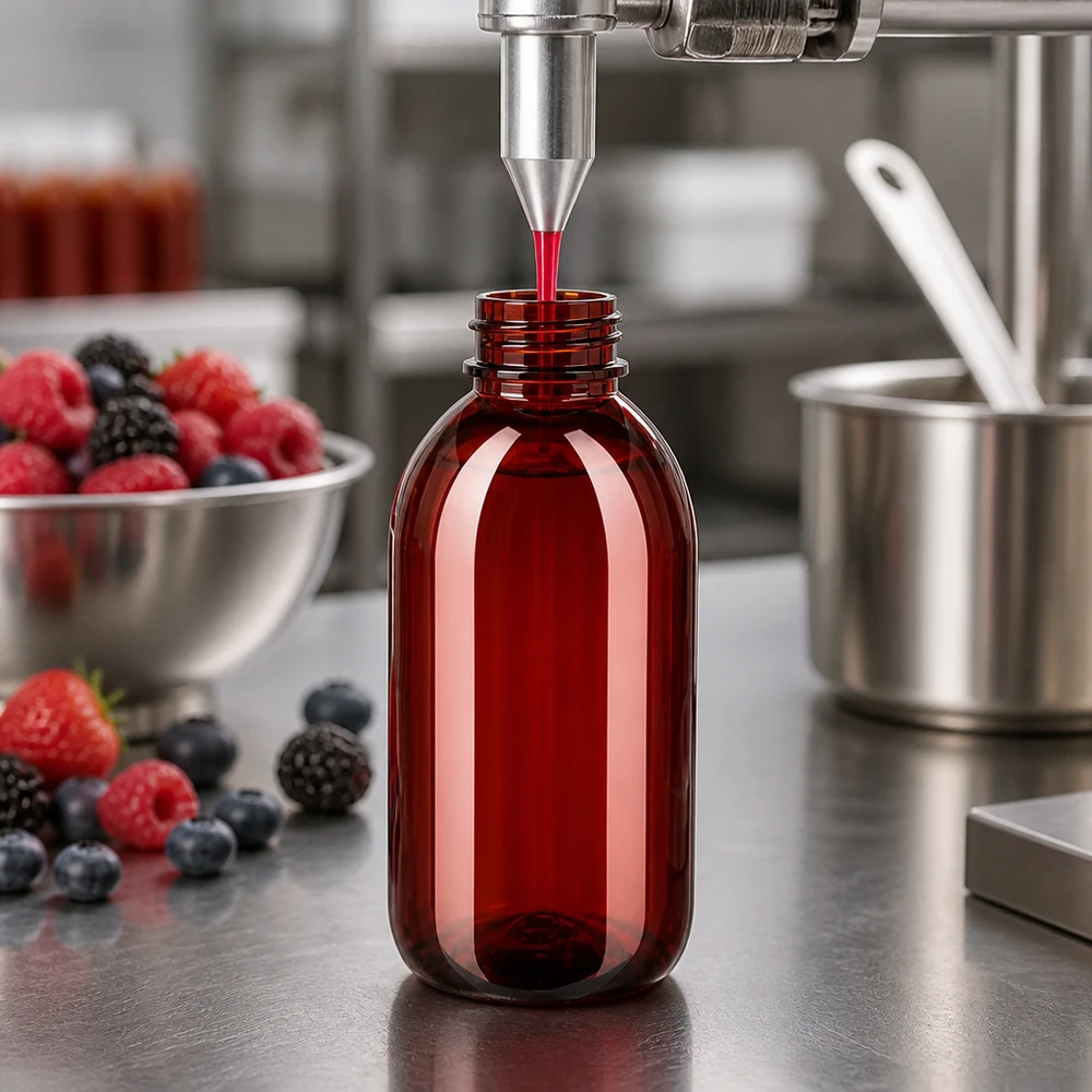 Butelka PET 250 ml z białą nakrętką typu flip-top. Czerwona butelka PET o pojemności 250 ml jest napełniana sokiem jagodowym maszynowo na profesjonalnej linii rozlewniczej