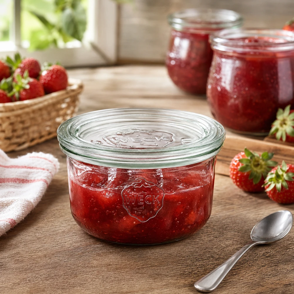 Kubki o pojemności 165 ml ze szklaną pokrywką WECK RR80 Słoik WECK 165ml RR80 wypełniony dżemem truskawkowym na drewnianym stole ze świeżymi truskawkami i łyżeczką