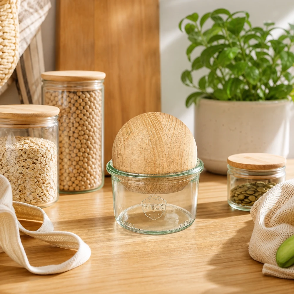 Kubki WECK 200 ml RR80 z drewnianą kulką z drewna bukowego w kuchni zero waste, otoczone ekologicznymi słoikami do przechowywania i torbami z tkaniny