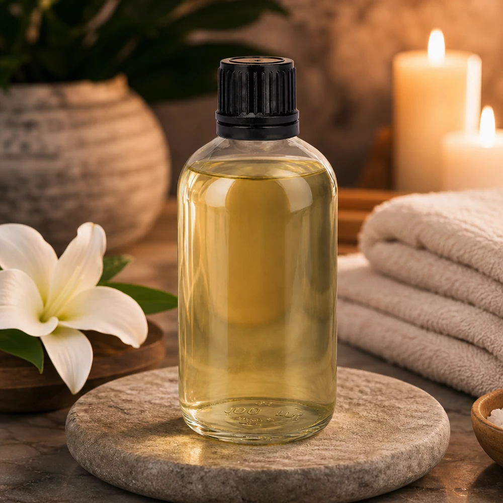 100ml (kulka)Flas. 3mm GR s. STD ClearL. UT18/100 Cylindryczna butelka z przezroczystego szkła o pojemności 100 ml na kamieniu naturalnym z białą lilią i świecami w spa