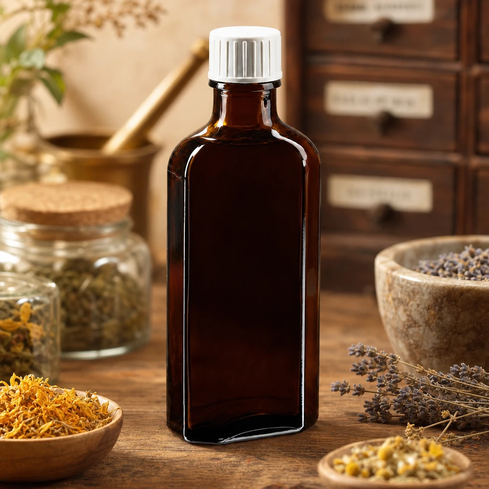 100 ml Brązowa zakrętka Meplat z pierścieniem do nalewania Kwadratowa butelka z brązowego szkła o pojemności 100 ml z pierścieniem do nalewania, otoczona ziołami leczniczymi i lawendą