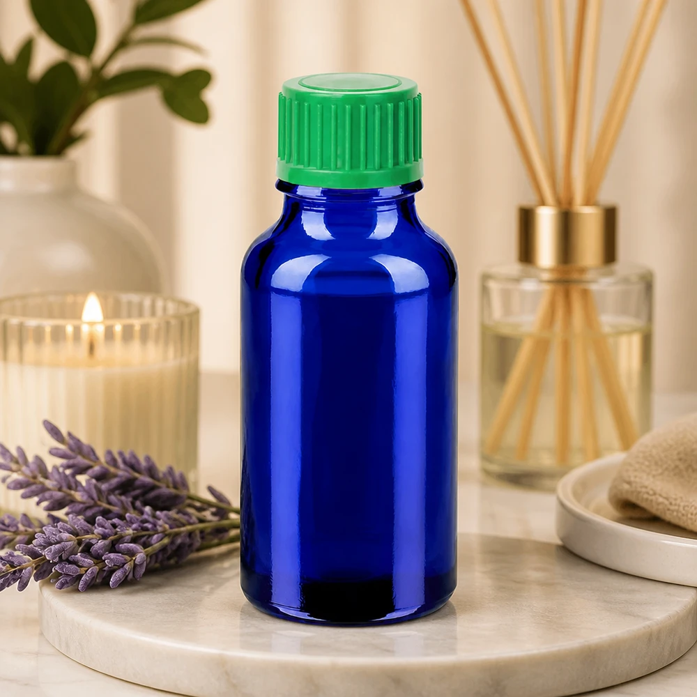 Butelka z kroplomierzem 20 ml 0,8 mm zielona STD BlueLine UT18/20 Kompaktowa butelka z zakraplaczem o pojemności 20 ml w eleganckim niebieskim kolorze z zieloną zakrętką do bezpiecznego przechowywania