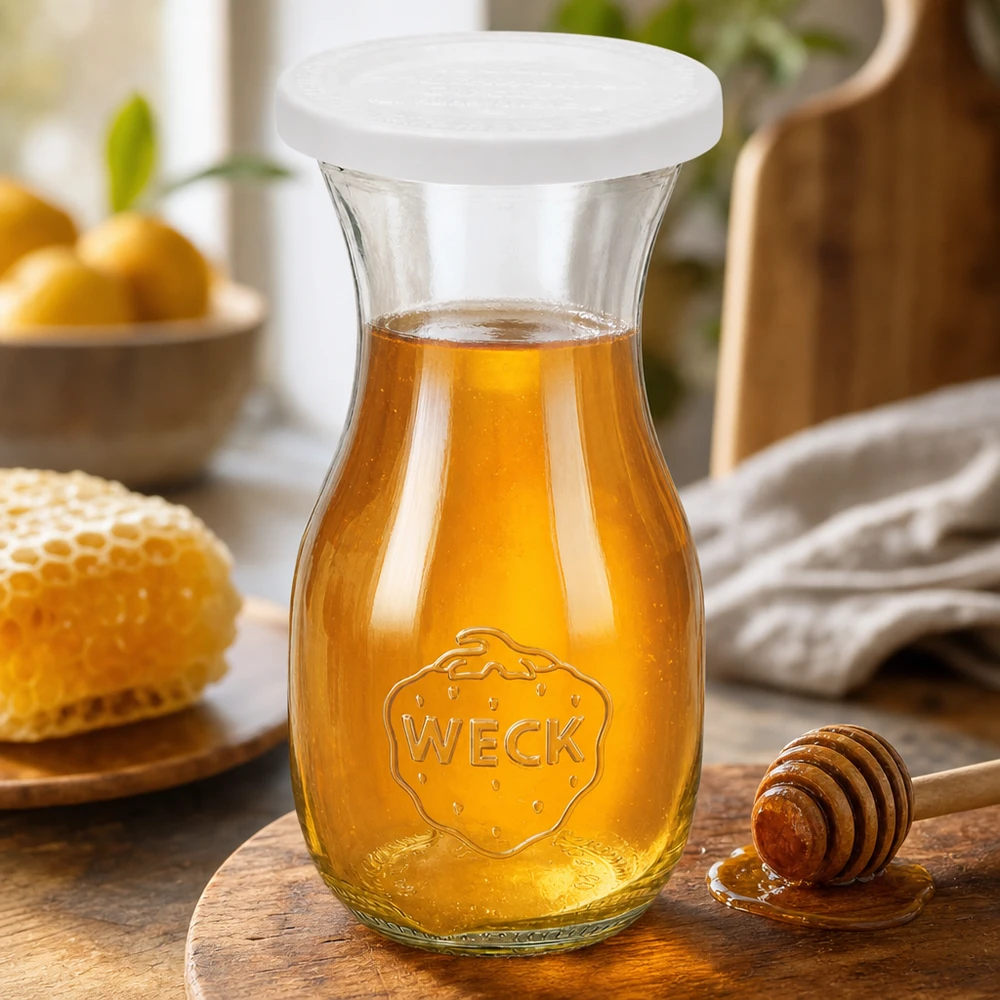 Butelka na sok WECK 290 ml ze świeżą pokrywką RR60 wypełniona złotym miodem obok łyżki miodu i plastra miodu