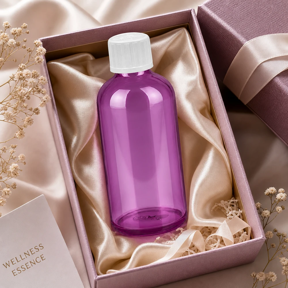 Butelka z zakraplaczem 100 ml 1,2 mm biała, standardowa linia PurpleLine zabezpieczona przed dziećmi. UT18/100 Fioletowa szklana butelka 100 ml w luksusowym opakowaniu prezentowym z satynową wyściółką i wstążką