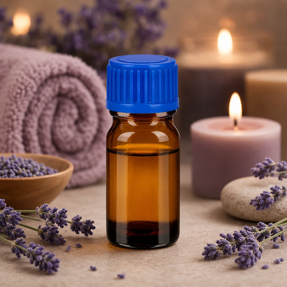 5 ml brązowa szklana butelka BrownLine do aromaterapii i zastosowań wellness z niebieską nakrętką